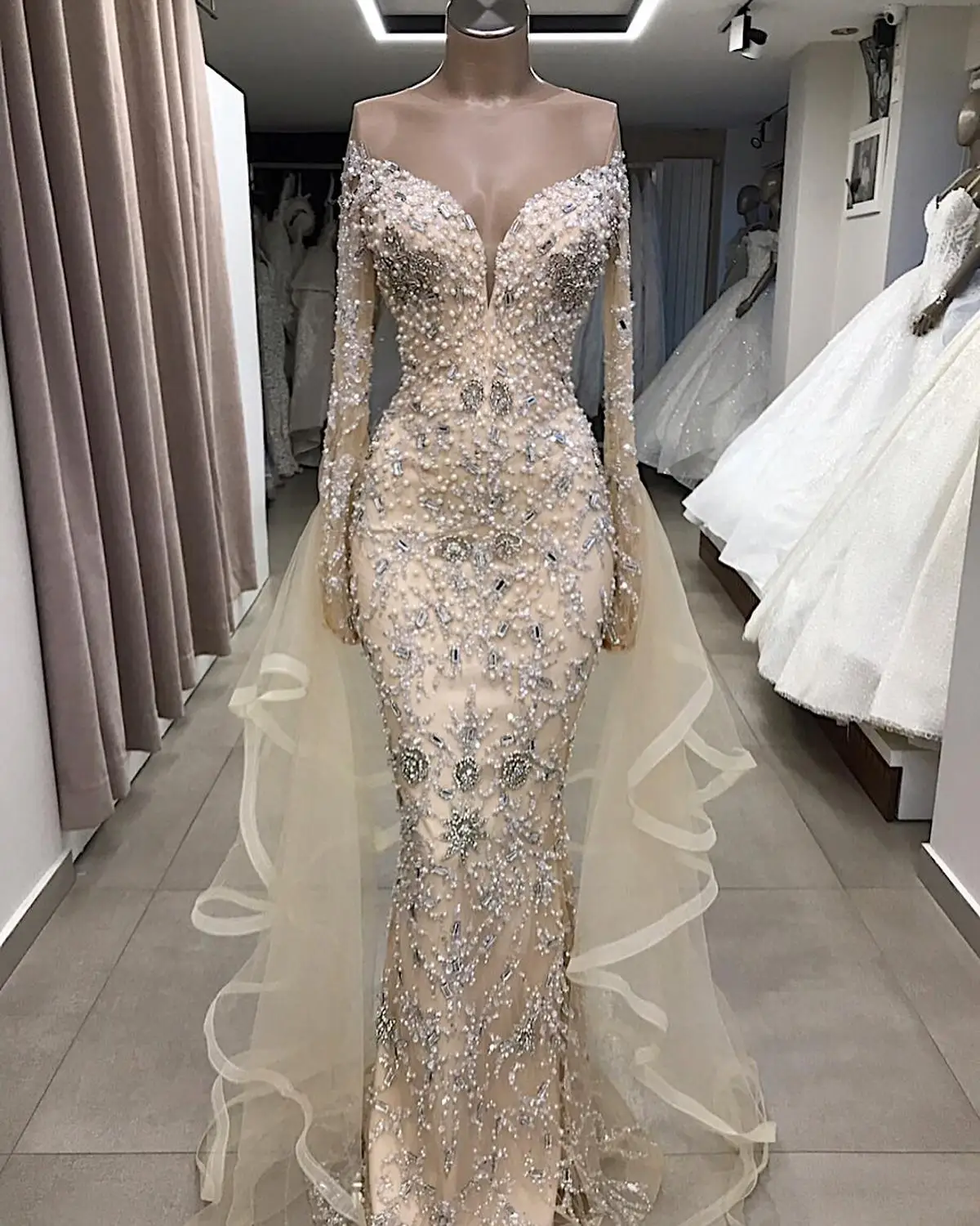 Robe De Soiree роскошное длинное вечернее платье по индивидуальному заказу с v-образным вырезом и аппликацией из тюля, Длинные вечерние платья-русалки