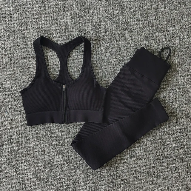 Seamless Women Yoga Set Workout Sportswear Gym Clothing Zipper Long Sleeve High Waist Leggings Fitness Bra Athletic Sports Suits BraPantsBlack