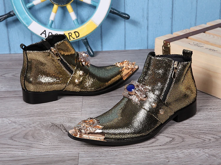 Christia Bella British Style Metal Carved Pointed Toe Male Short Boots Fashion Party Men's Golden Genuine Leather Ankle Boots