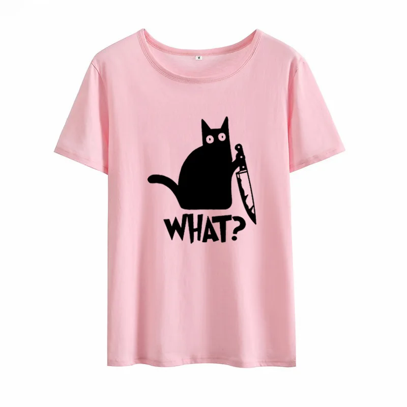 Забавная футболка с изображением кота, убийцы, кота, ножа, женская футболка с круглым вырезом, Женская свободная футболка, Хлопковая женская черная футболка, женская футболка