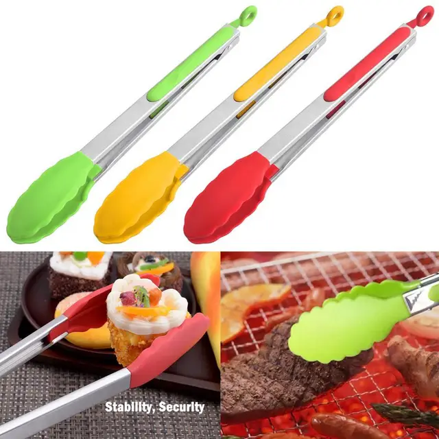 Magas Fokú Rozsdamentes Acél Szilikon Bbq Fogók Fogantyúval Szembeni Fém Ételek Tálalás Grill Konyhai Szerszámok