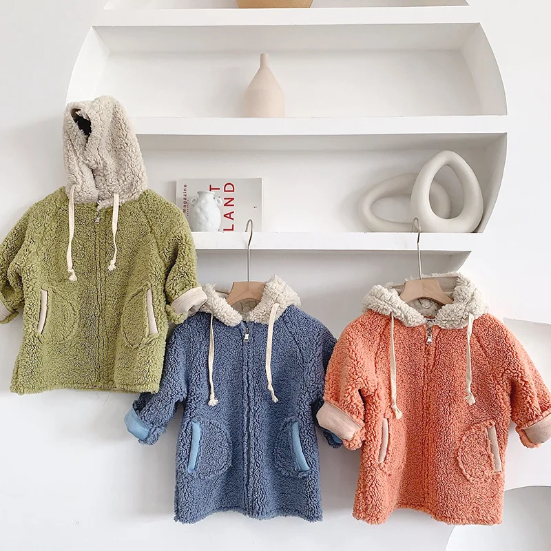 Winter fashion boys girls woolen hooded thick zipper jackets chilren loose oversized coats kids outwear
