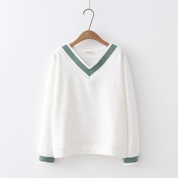 

Autumn Art Fresh Style Cotton Sweatshirts Women Casual V Neck Drop Shoulder Hit Color Pullovers Student Quality Basic Hoodies