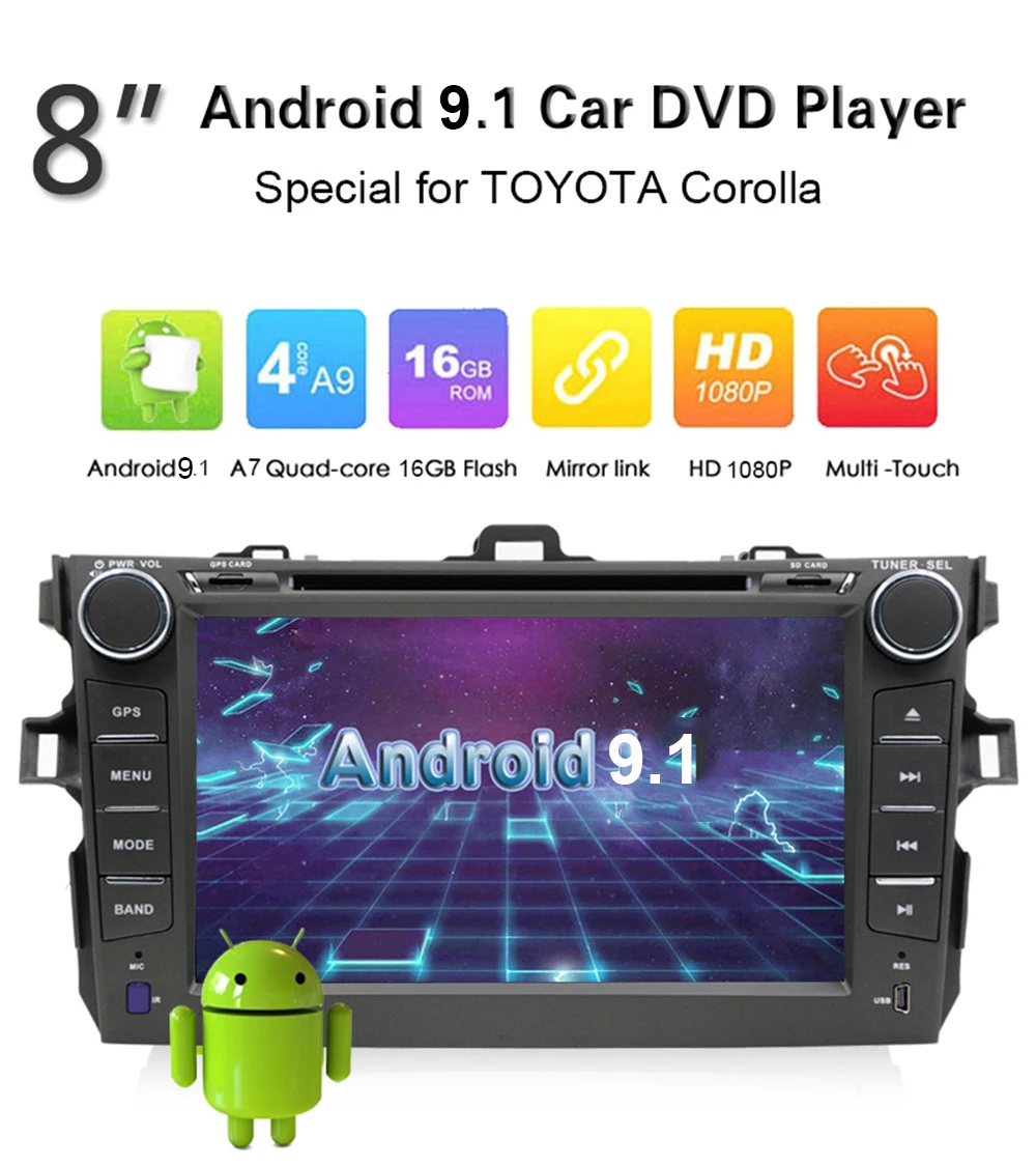 Excellent Android 9.1 Car DVD Player GPS Navigation for Toyota Corolla  8" 2DIN Universal Car Stereo Audio Head Unit Support DAB DVR OBD 0