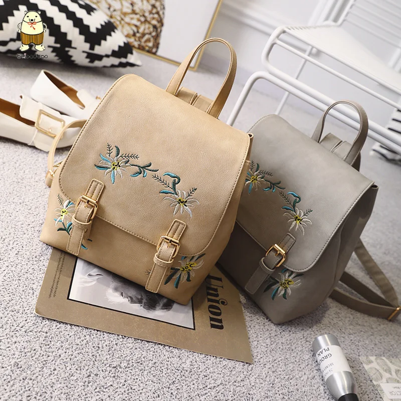 Beibaobao New girls embroidered backpack women's bag minority ethnic flower color back pack PU leather casual | Багаж и сумки