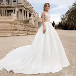 Sumnus Satin Princess Ball Gown Wedding Dresses Top Lace Simple Scoop Neck Bride Dress Wedding Gowns 2021 vestidos de novia