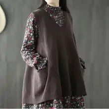 Осень и зима литературный вязаный сплошной цвет большой карман жилет Свободный дикий v-образным вырезом свитер женский