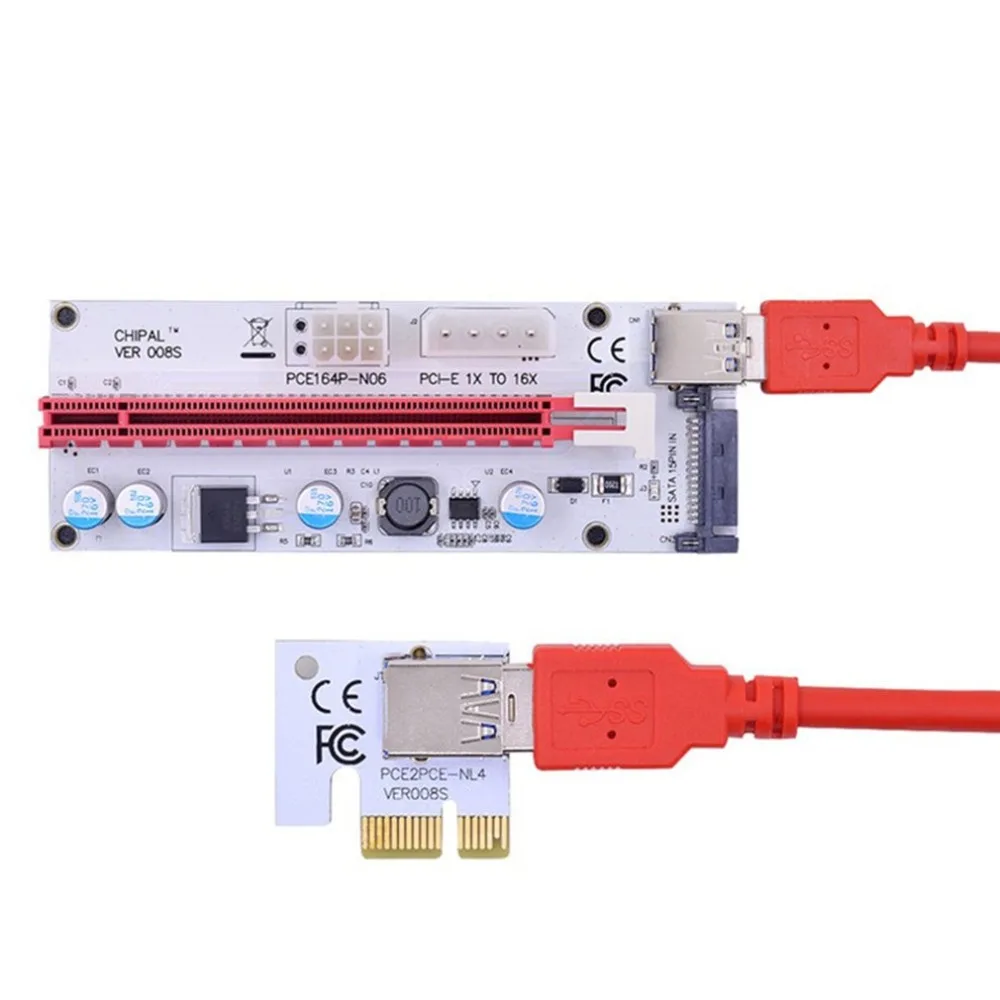 VER008S PCI-E Riser Card PCI-E 1x до 16x с 4pin 6pin Sata три порта питания+ USB расширенный кабель для Bitcoin Miner