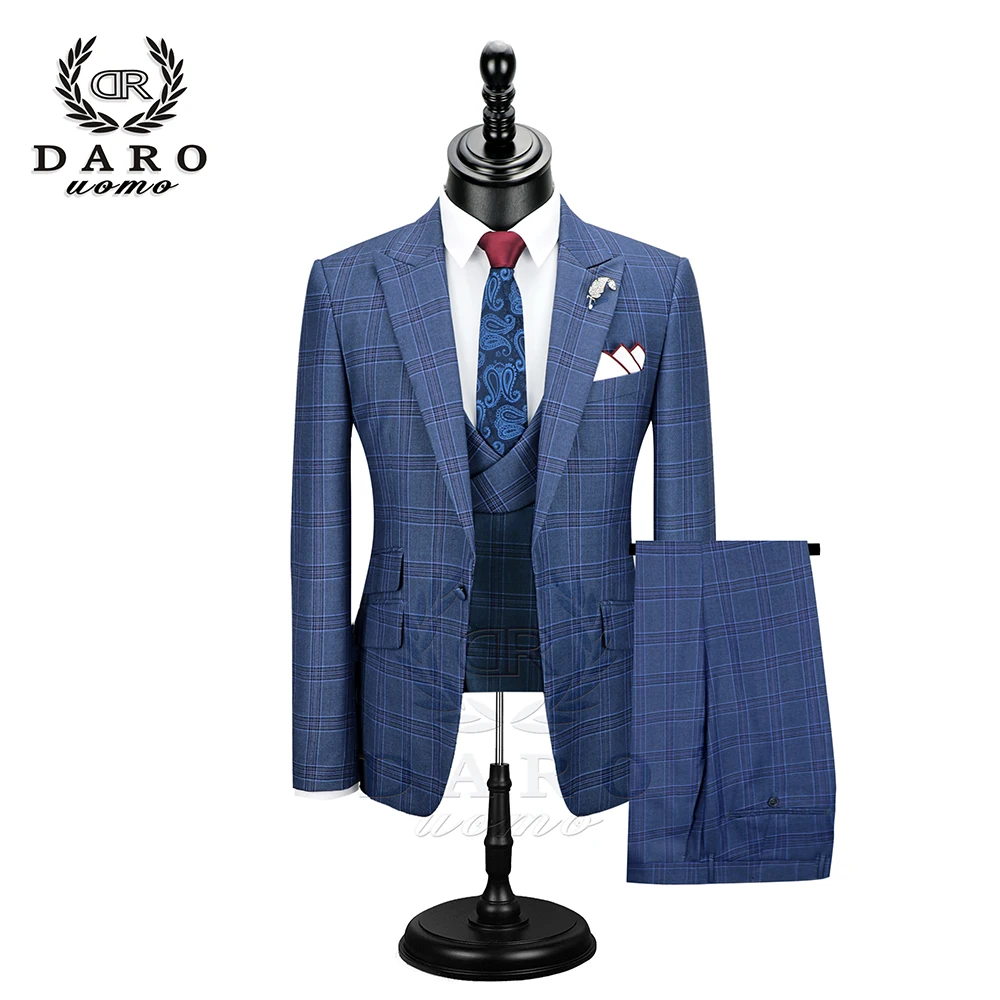 DARO 2020 New Men Suit 3 Pieces Fashion Plaid Suit Slim Fit blue purple Wedding Dress Suits Blazer Pant and Vest DR8193