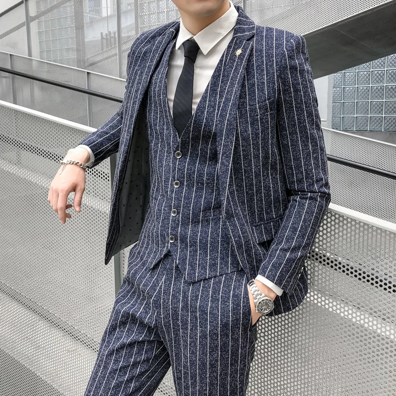 Striped men's suit 3-Pieces Blazers+Pant Fashion Korean Slim Fit Casual men's tuxedo wedding men suits groom suit business