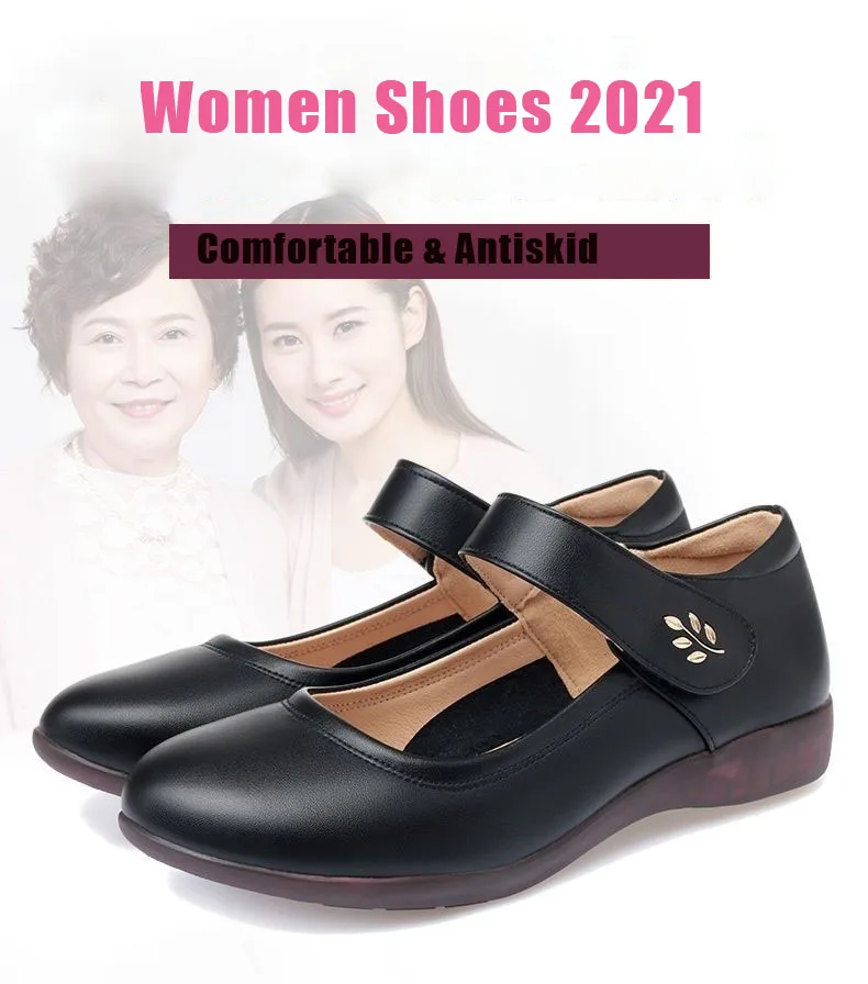 Black Leather Moccasin Women Hook and Loop Wedge Mary Jane Shoes for Summer 2021 Solid Beige Flats Mother Concise Loafers