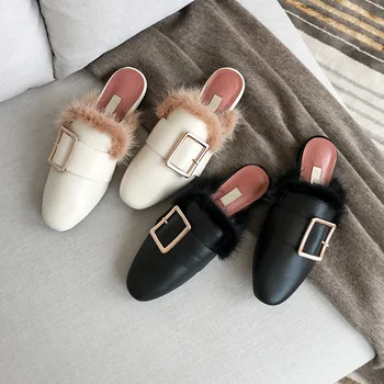 

Brand Design Fur Slippers Casual Round Toe Flat Shoes Woman Simple Style Mules Women 2019 Metal Decor Shallow Mouth Ladies Shoes