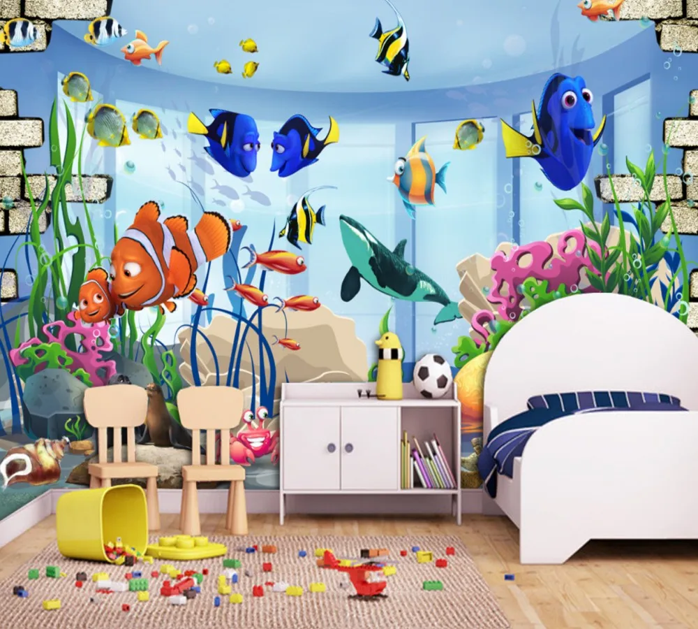 

Drop Shipping Undersea World Fish Swim Ocean Landscape Background Painting Custom 3d Children'S Room Cartoon Decorative Wall