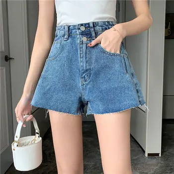 

2020 Summer New High-waisted Denim Shorts Female Korean Version Of The Double Buckle Loose Fur Edge Wide Leg A-Line Hot shorts