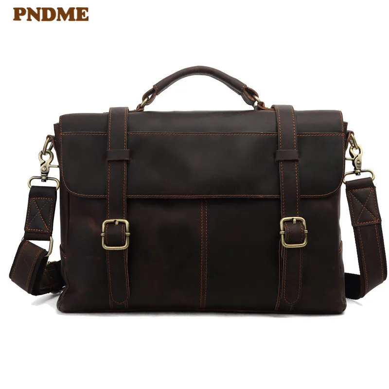 PNDME модный винтажный мужской портфель crazy horse из воловьей кожи, деловые высококачественные сумки-мессенджеры из натуральной кожи для ноутбука