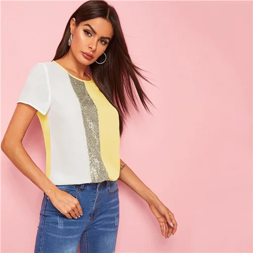 

Top Womens Tops and Blouses 2020 Casual Colorblock Short Sleeve Summer Blouses Sequins Contrast Panel Spliced Cut-And-Sew