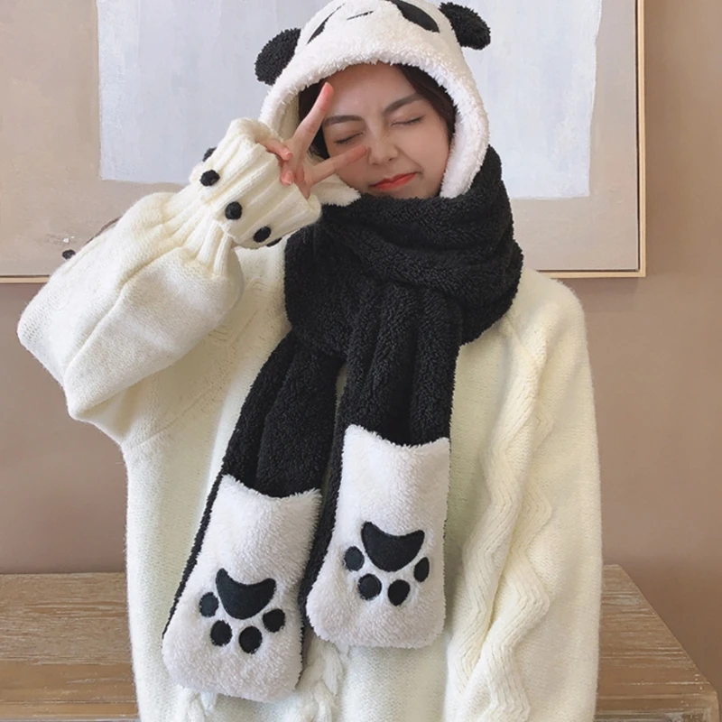 Cute Panda Hat Scarf Gloves 3-piece Set Plush Fluffy Cartoon Hat Women Winter Animal Paws Windproof Hoodie Cap Scarf Mitten 2