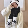 Cute Panda Hat Scarf Gloves 3-piece Set Plush Fluffy Cartoon Hat Women Winter Animal Paws Windproof Hoodie Cap Scarf Mitten 2