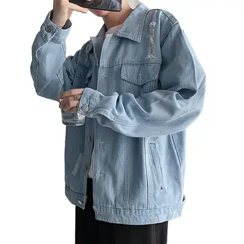 

Cotton Solid Denim Jacket Mens Spring Casual Ripped Jackets Mens Hole Jean Jacket Distressed Outwear Male Cowboy
