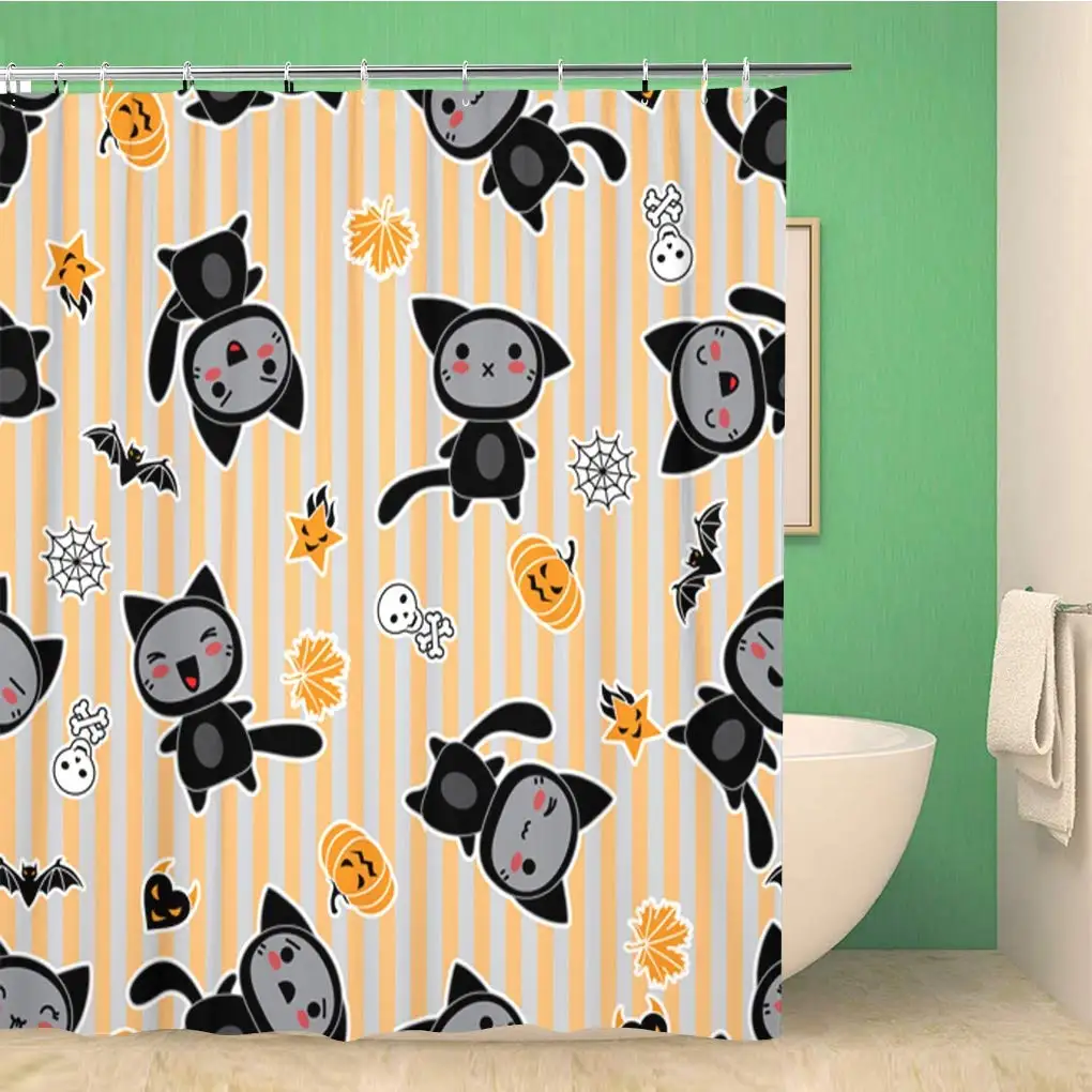

Bathroom Shower Curtain Orange Anime Kawaii of Halloween Related and Creatures Animal Polyester Fabric 72x72 inches Waterproof