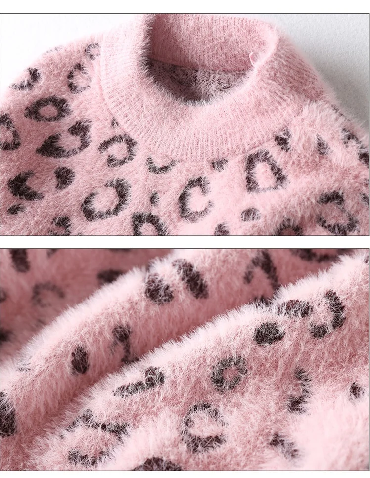 Girls velvet sweater autumn and winter new leopard pattern hooded fashion bottoming children's sweater children's clothing tide