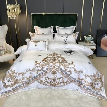 

Luxury Gold Embroidery 60S Satin Silk Cotton Bedding Set Double Duvet Cover Set Bed Linen Fitted Sheet Pillowcases Home Textile
