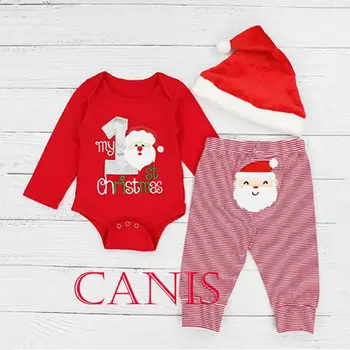 

3PCS Baby My First Christmas Winter Bodysuit Romper With Pant Hat and Headband Outfits Christmas Baby Set