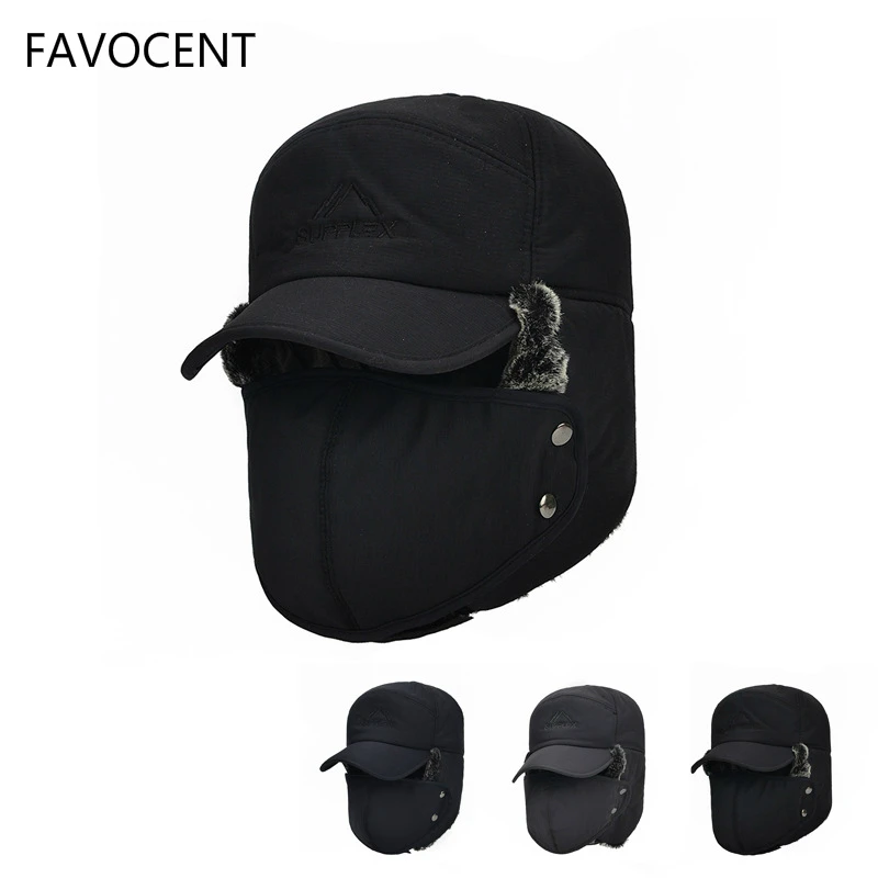 

FAVOCENT Men's Ear Protection Face Bomber Hats Thicker Plus Velvet Warm Woman Windproof Winter Hat Snow Male Bone Cap Ski Hat