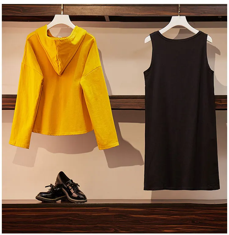XL-5XL, плюс размер, платье из двух частей, осень, Модные свободные повседневные толстовки с длинными рукавами и жилет без рукавов, хлопковые платья