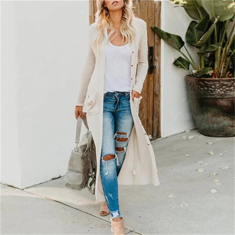

European Autumn Winter Long Sleeve Button Long Sweater Cardigans 2019 Women Solid Casual Loose Knitted Robe Sweaters Tops Femme