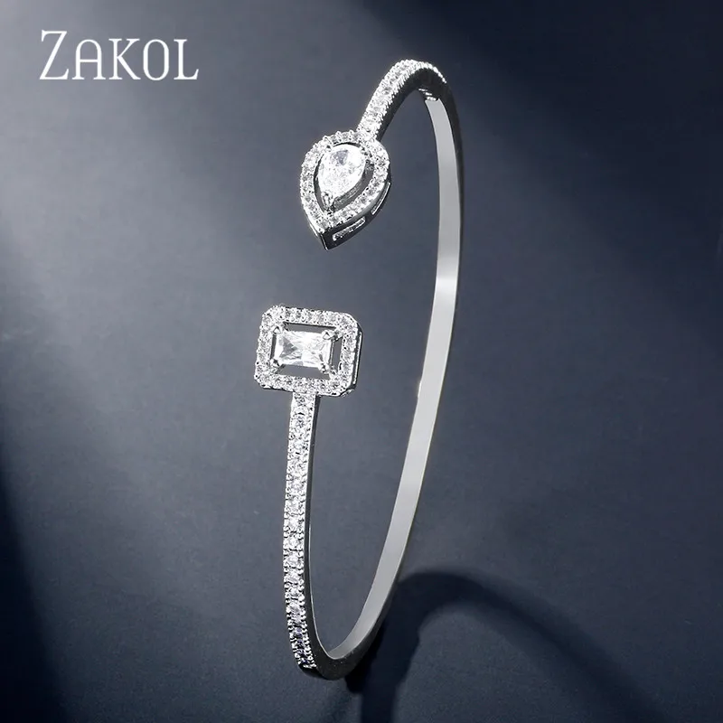 Элегантный браслет ZAKOL с кубическим цирконием, регулируемое кольцо, набор свадебных украшений для женщин, подарок на свадьбу, день рождения, FSSP3046 - Окраска металла: White Gold Bracelet