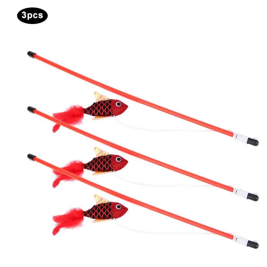 3PCS Funny Fish Shaped Elastic String Feather Cat Stick Teaser Wand Pet