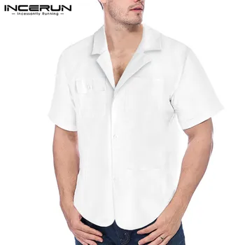 

INCERUN Summer Men Shirt Lapel Solid Multi-pockets Button Camisa Short Sleeve Breathable Work Tops 2020 Mens Cargo Shirts S-5XL