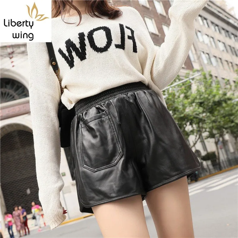 

Brand New Womens Genuine Leather Shorts Fashion High Loose Wide Leg Short Elastic Waist Sheepskin Casual Hot Shorts
