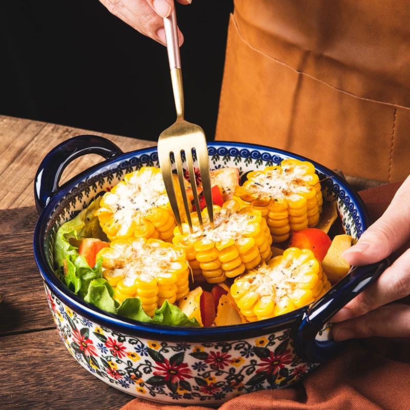Ceramic Bowls Polish Style Bakeware Baking Binaural Bowl With Handle Tableware Salad Dessert Steak Pasta Plate ceramic noodle bowl tableware set cereal bowls