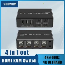 Commutateur KVM compatible HDMI 4K, 4 ports 4 en 1, commutateur KVM, prise en charge de 4K @ 60Hz pour moniteur HDTV d'ordinateur portable et clavier de souris UBS