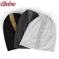 Geebro Women Soft Rhinestones Ribbon Cotton Casual Beanies Hats Solid Color Baggy Slouch Hats and Cap Lady Birthdays Gifts 1