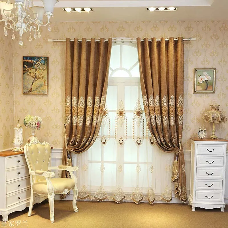 Кофейные Роскошные затемненные шторы с вышивкой для гостиной, королевская Европейская шениль, занавески на окна для виллы, спальни, X-M209#30