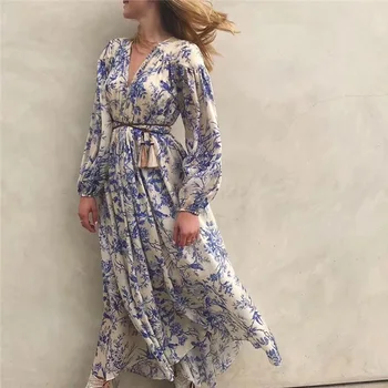 

Fashion high waist Lantern Sleeve printing long dress sexy V-neck temperament floral holiday long sleeve dress