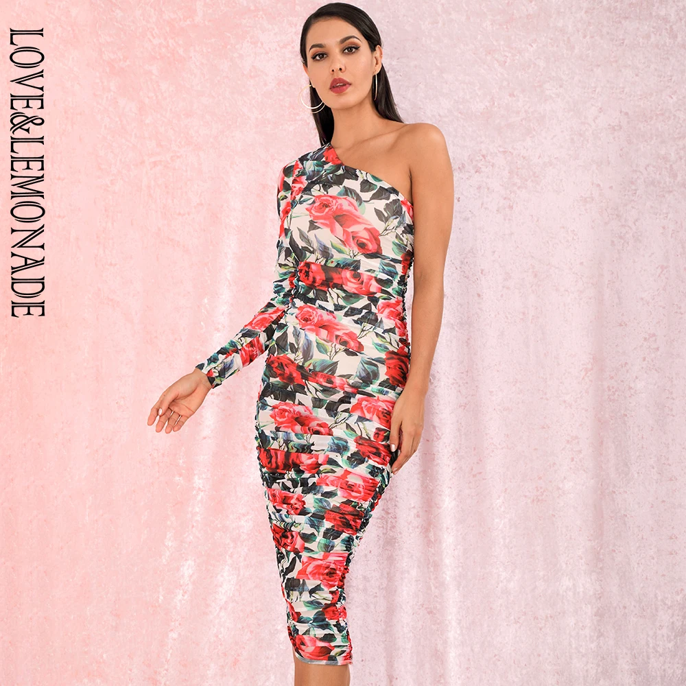 

LOVE&LEMONADE Sexy One Shoulder Off Shoulder Flower Print Mesh Material Slim Fit Pleated Party Over The Knee Dress LM82140-1
