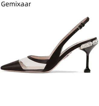 

Suede PVC Transparent Patchwork Sandals Women Jeweled High Goblet Heel Sexy Pointed Toe Back Straps Summer Party Shoes Woman