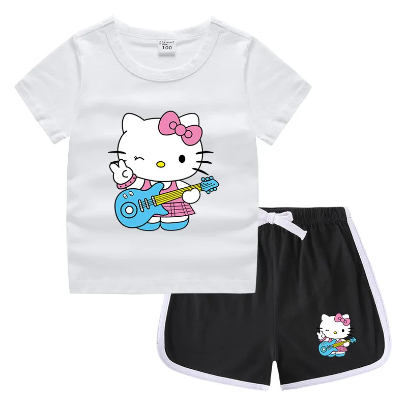 thumbnail image 1 of Hello Kitty-Camiseta informal con cuello redondo y pantalones cortos para niños y niñas, conjunto de camisa de fondo absorbente de algodón puro, informal, 1 of 5