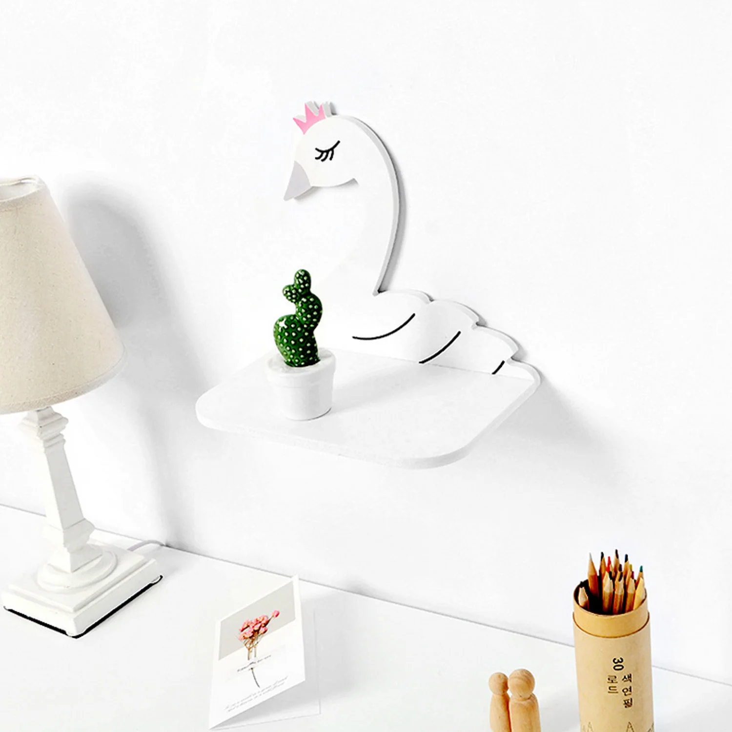 

Behogar Wooden Shelf Cute Nordic Swan Storage Shelf Display Rack Holder Support Organizer Board Wall Decor