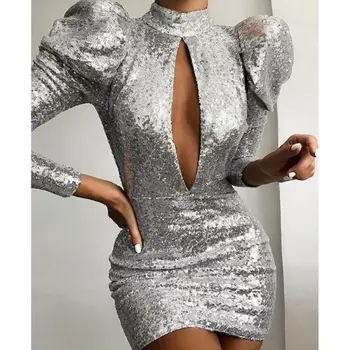 

Women Sequins Body-fitting Short Evening Long Sleeve Party Dress Mini Dress With Puff Sleeves Dresses Women Vetsidos