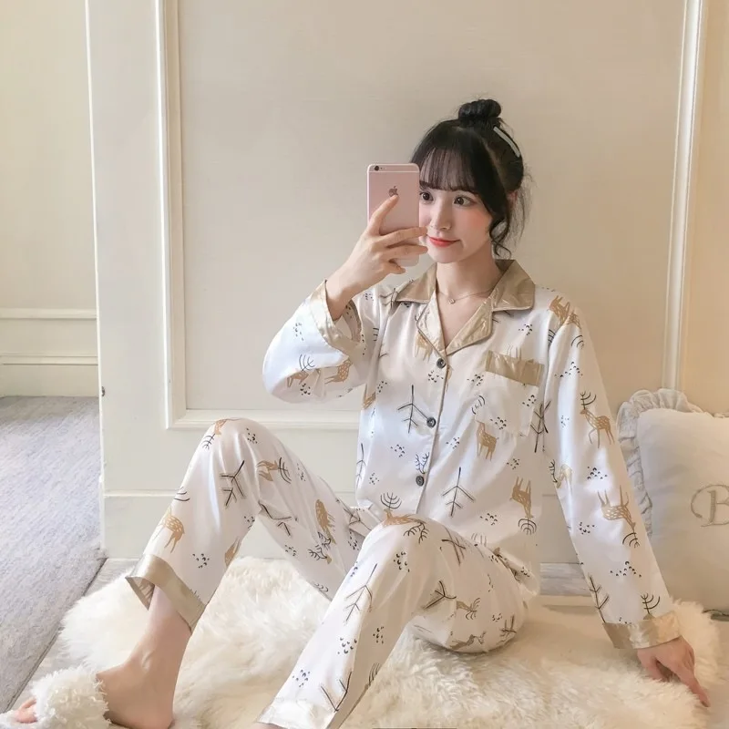 

Pajamas Women's Spring And Autumn Imitated Silk Fabric Pajamas Suit Summer Long Sleeve Two-Piece Tracksuit Short Sleeve Viscose