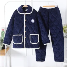 Winter men's new solid color quilted pajamas flannel three-layer quilted thickened warm suit home service  nightclothe sleepwear