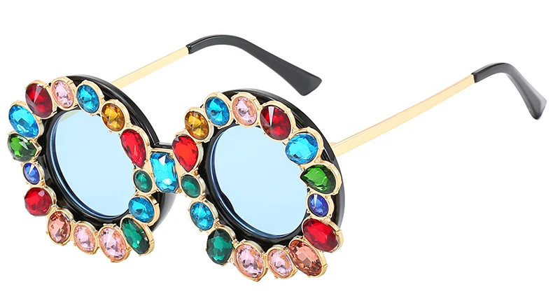 FU E Gorgeous Women Sunglasses Crystal Diamond Handmade Round Eyewear UV400 Mirror Lens Flower Design Summer Sun Glasses - Цвет линз: Black Blue
