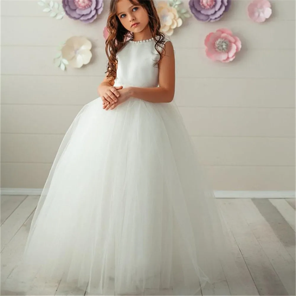 White Tulle Flower Girl Dresses for Weddings Fluffy Ball Gown Lace Pageant Little Girls Party First Holy Communion Dress | Свадьбы и