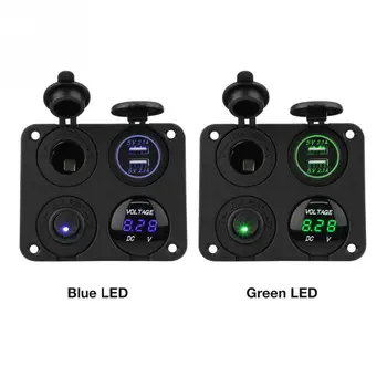 

ON/OFF Toggle Switch Panel Dual USB Charger Cigarette Lighter Socket Voltmeter for Car Boat Marine RV Truck Blue/Green LED