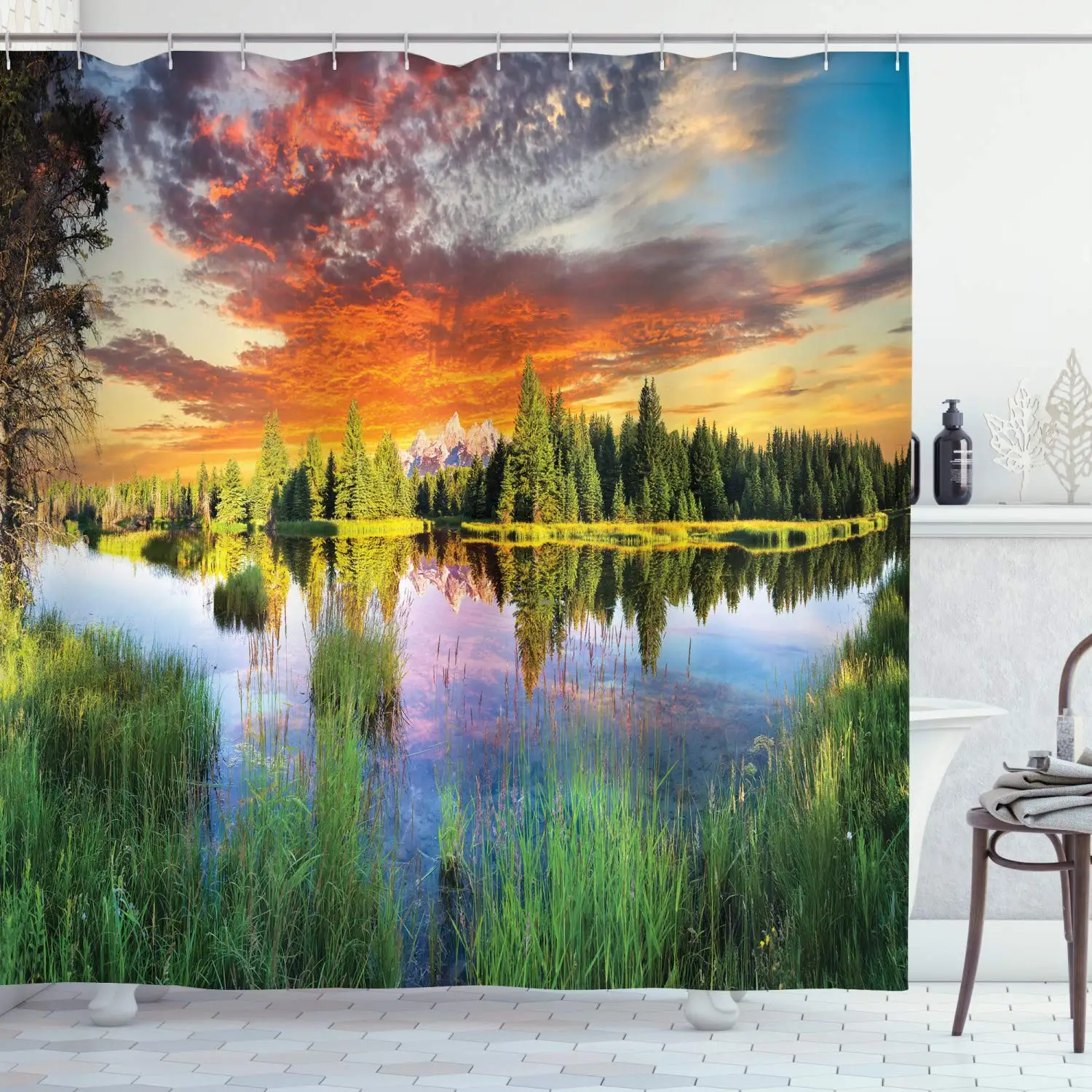 

Landscape Shower Curtain, Calm Natural Sunrise by River Forest Trees Clouds Weeds Sun Reflection on Water, Cloth Fabric Bathroom